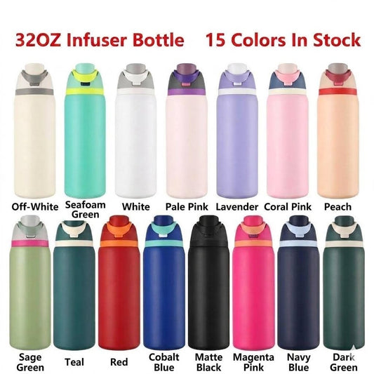 32oz infuser water bottle in 15 colors: off-white, seafoam green, white, pale pink, lavender, coral pink, peach, sage green, teal, red, cobalt blue, matte black, magenta pink, navy blue, dark green