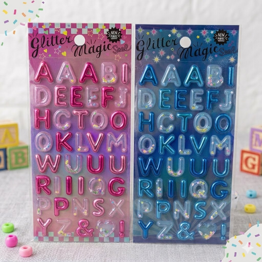 Glitter Magic Seal 3D shaking letter and number stickers in pink and blue, 20.5x9.5cm, filled with glitter confetti inside each letter
