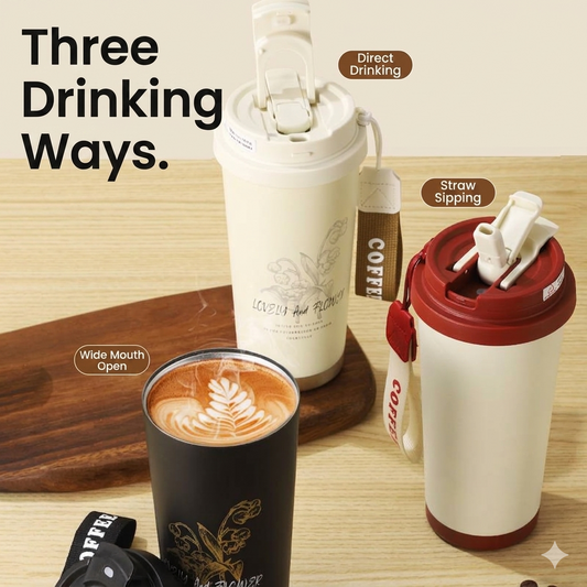 Lily of the Valley insulated mug showing three drinking ways: direct drinking, straw sipping and wide mouth open